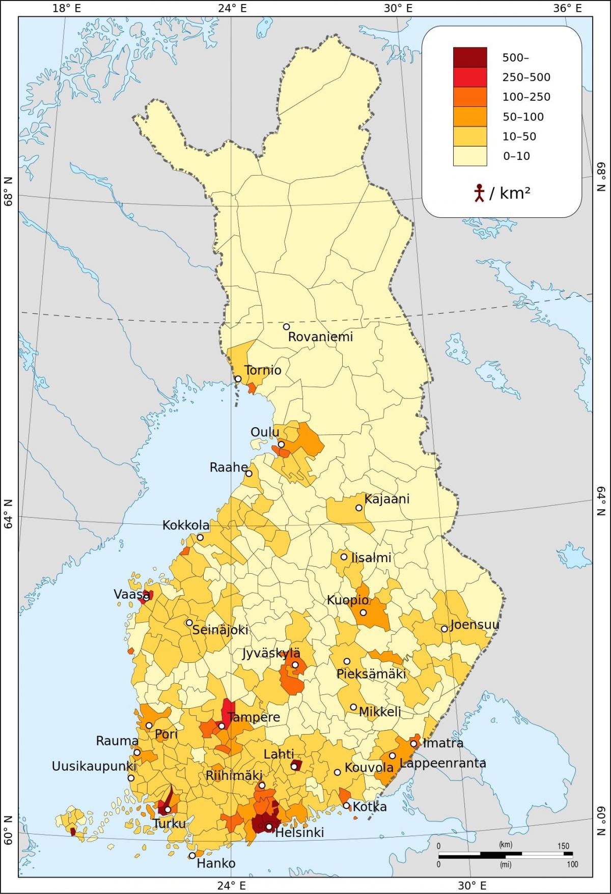Finlandia densidad de población mapa