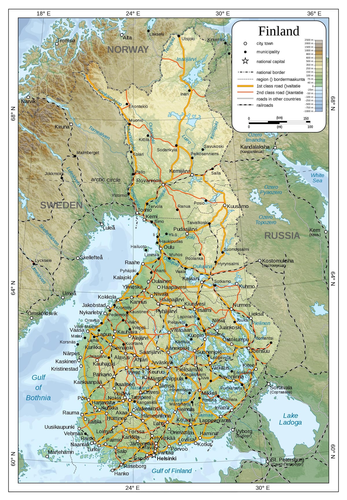 Mapa físico de Finlandia